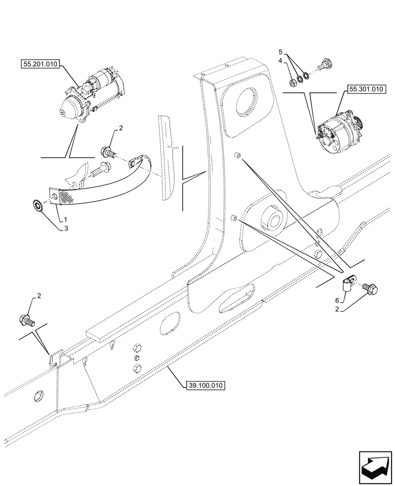 Схема запчастей Case 580N EP - (55.100.010) - STARTER MOTOR, ALTERNATOR, GROUND CABLE (55) - ELECTRICAL SYSTEMS