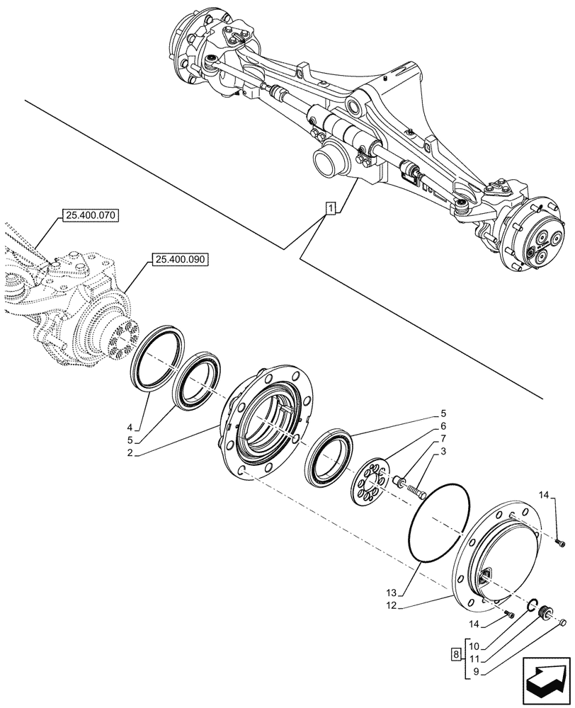 Схема запчастей Case 590SN - (25.400.100) - FRONT AXLE, WHEEL HUB, 2WD (25) - FRONT AXLE SYSTEM