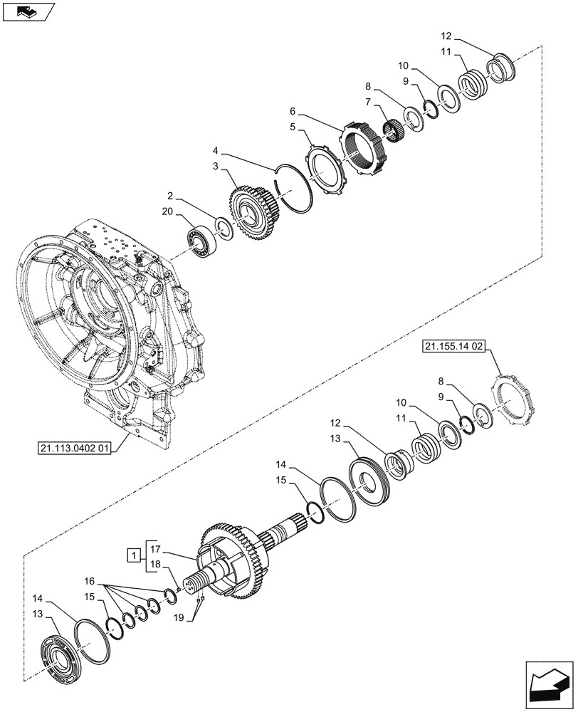 Схема запчастей Case 590SN - (21.155.14[01]) - VAR - 423062 - TRANSMISSION, POWERSHIFT, DRIVE SHAFT, DRIVEN SHAFT (21) - TRANSMISSION