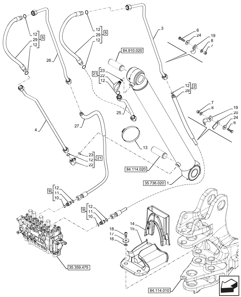 Схема запчастей Case 580N - (35.736.010) - BACKHOE BOOM CYL. SECTION, CYLINDER, LINE (35) - HYDRAULIC SYSTEMS