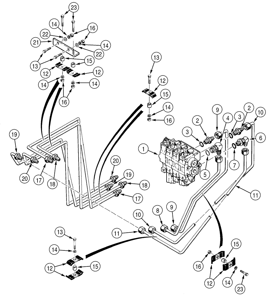 Схема запчастей Case 650H - (08-07) - HYDRAULICS TILT AND ANGLE CIRCUITS - DESCENDING TUBES AT CONTROL VALVE (08) - HYDRAULICS