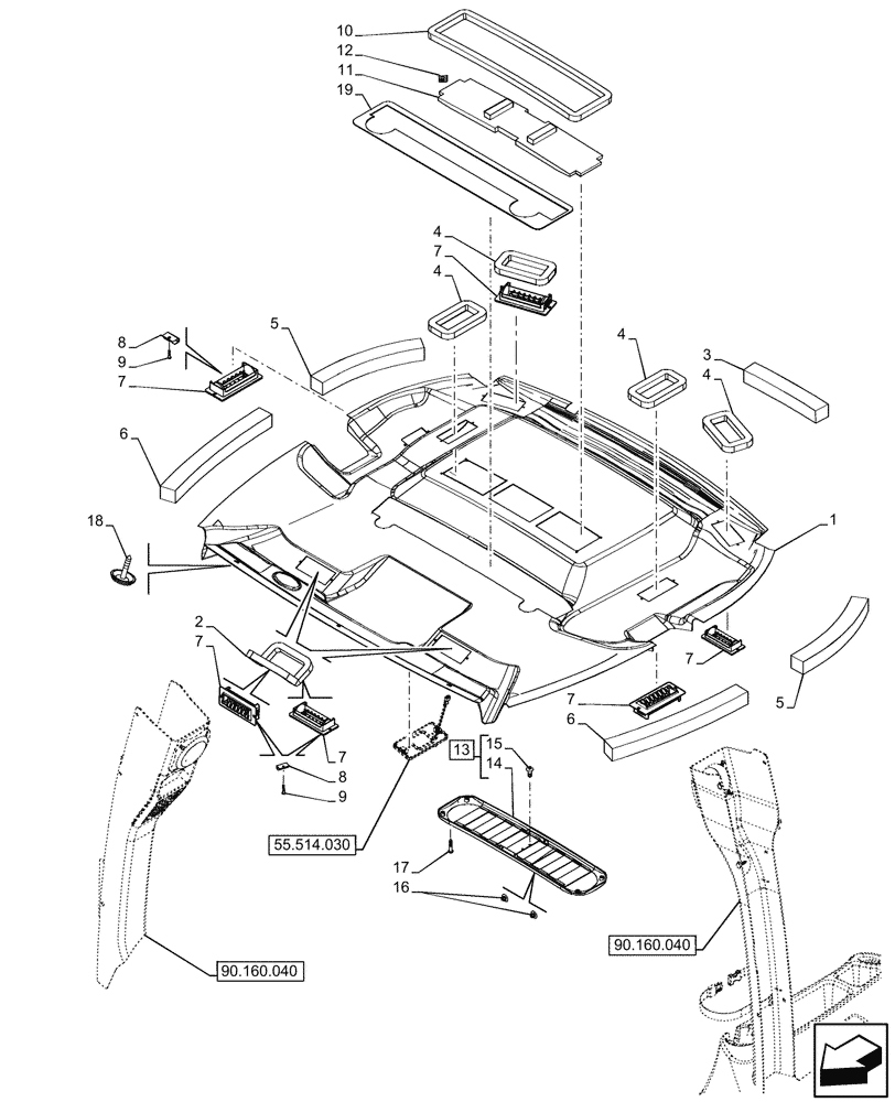 Схема запчастей Case 580N EP - (90.160.030) - CAB HEADLINER (90) - PLATFORM, CAB, BODYWORK AND DECALS