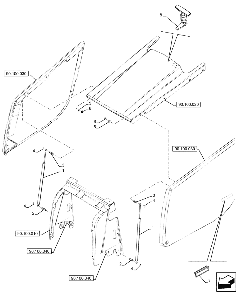 Схема запчастей Case 580SN - (90.102.010) - ENGINE HOOD, GAS STRUT (90) - PLATFORM, CAB, BODYWORK AND DECALS