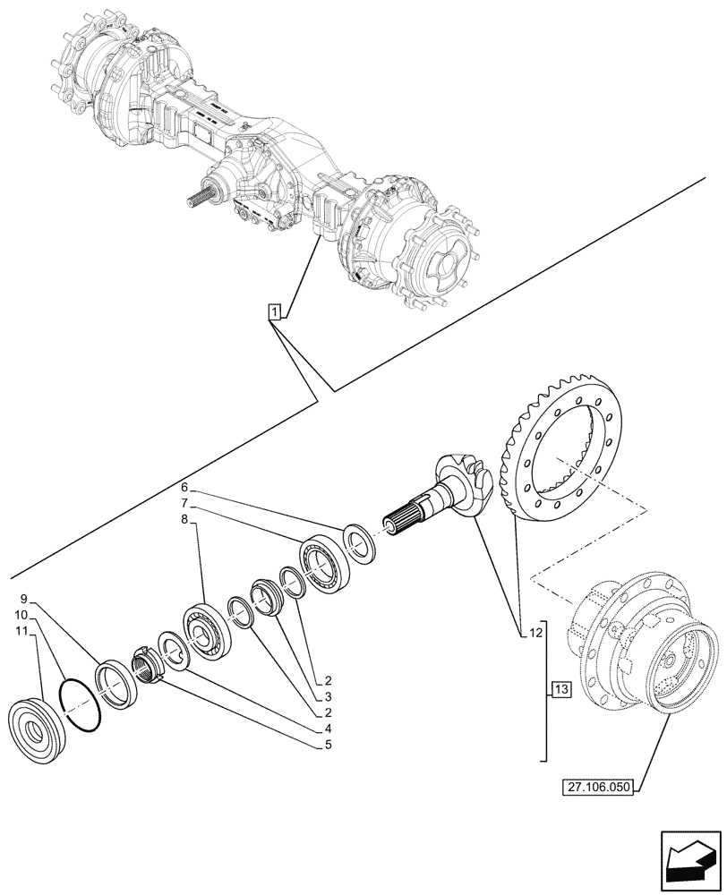 Схема запчастей Case 580N - (27.106.040) - REAR AXLE, BEVEL GEAR (27) - REAR AXLE SYSTEM