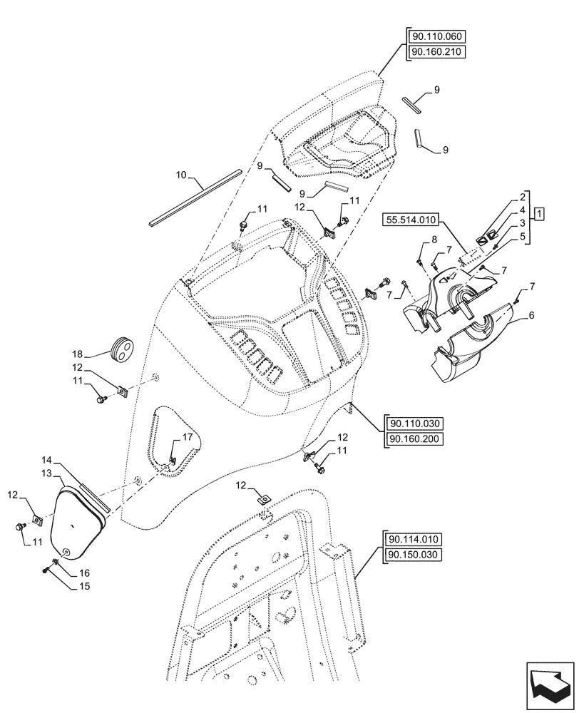 Схема запчастей Case 590SN - (90.160.010) - FRONT, CONSOLE, STEERING COLUMN, COVERS (90) - PLATFORM, CAB, BODYWORK AND DECALS