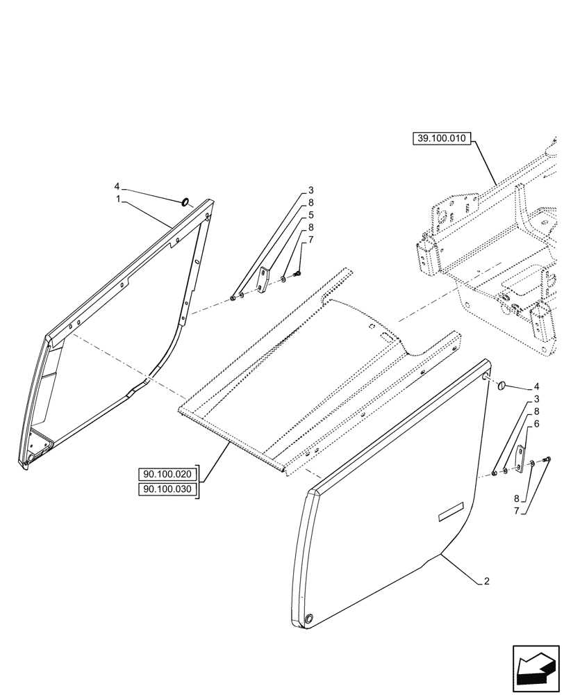 Схема запчастей Case 590SN - (90.100.050) - ENGINE HOOD, SIDE PANEL (90) - PLATFORM, CAB, BODYWORK AND DECALS