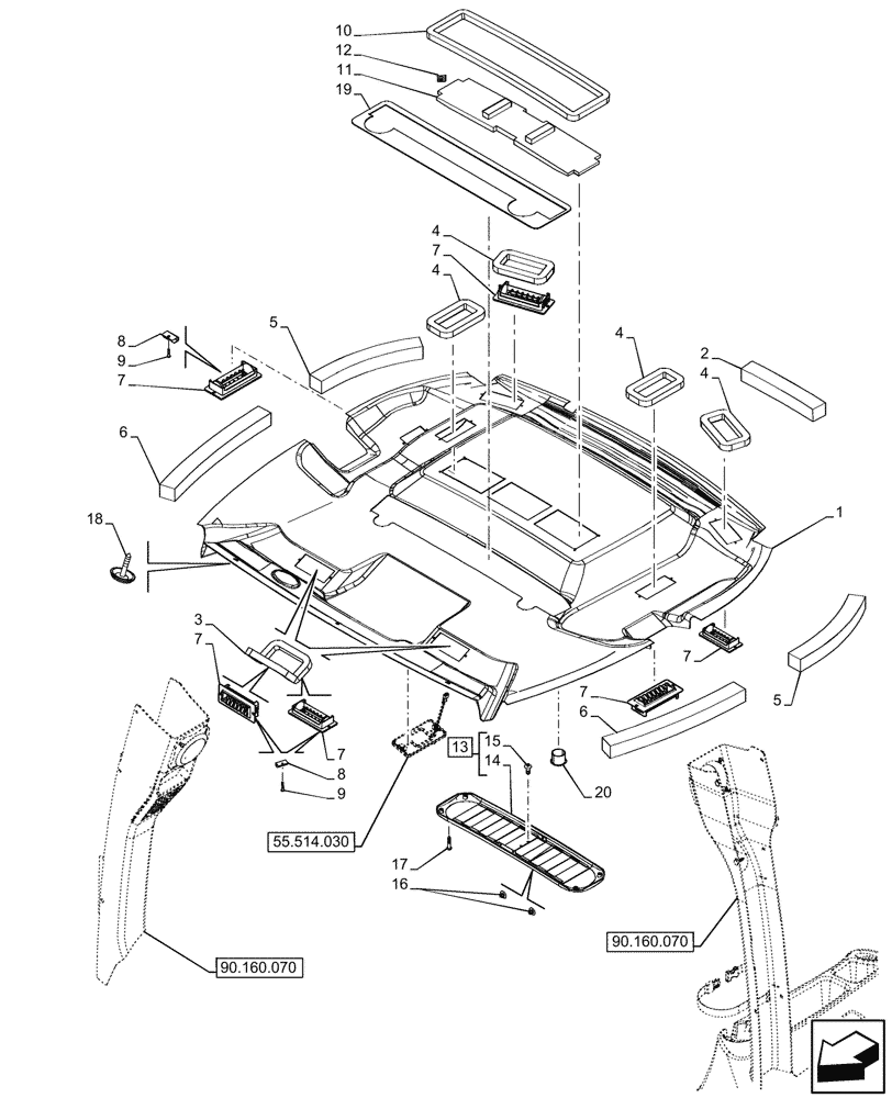 Схема запчастей Case 590SN - (90.160.060) - CAB HEADLINER (90) - PLATFORM, CAB, BODYWORK AND DECALS