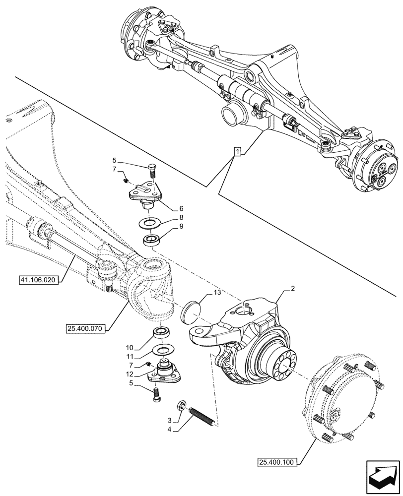 Схема запчастей Case 590SN - (25.400.090) - FRONT AXLE, STEERING KNUCKLE, 2WD (25) - FRONT AXLE SYSTEM