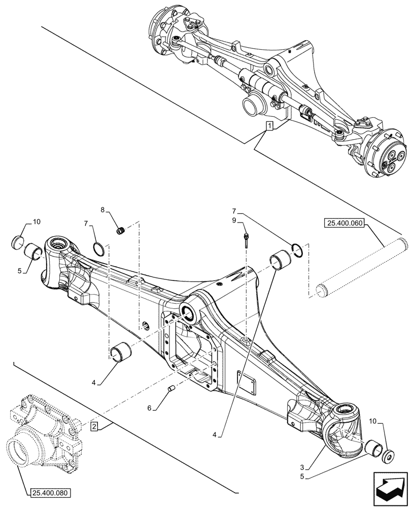 Схема запчастей Case 590SN - (25.400.070) - FRONT AXLE, BODY, 2WD (25) - FRONT AXLE SYSTEM