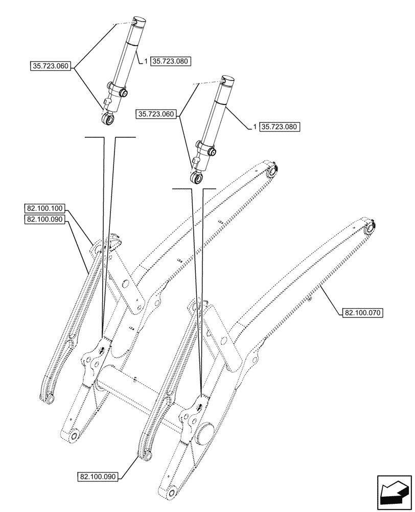 Схема запчастей Case 590SN - (35.723.070) - LOADER BUCKET, CONTROLS, CYLINDER (35) - HYDRAULIC SYSTEMS