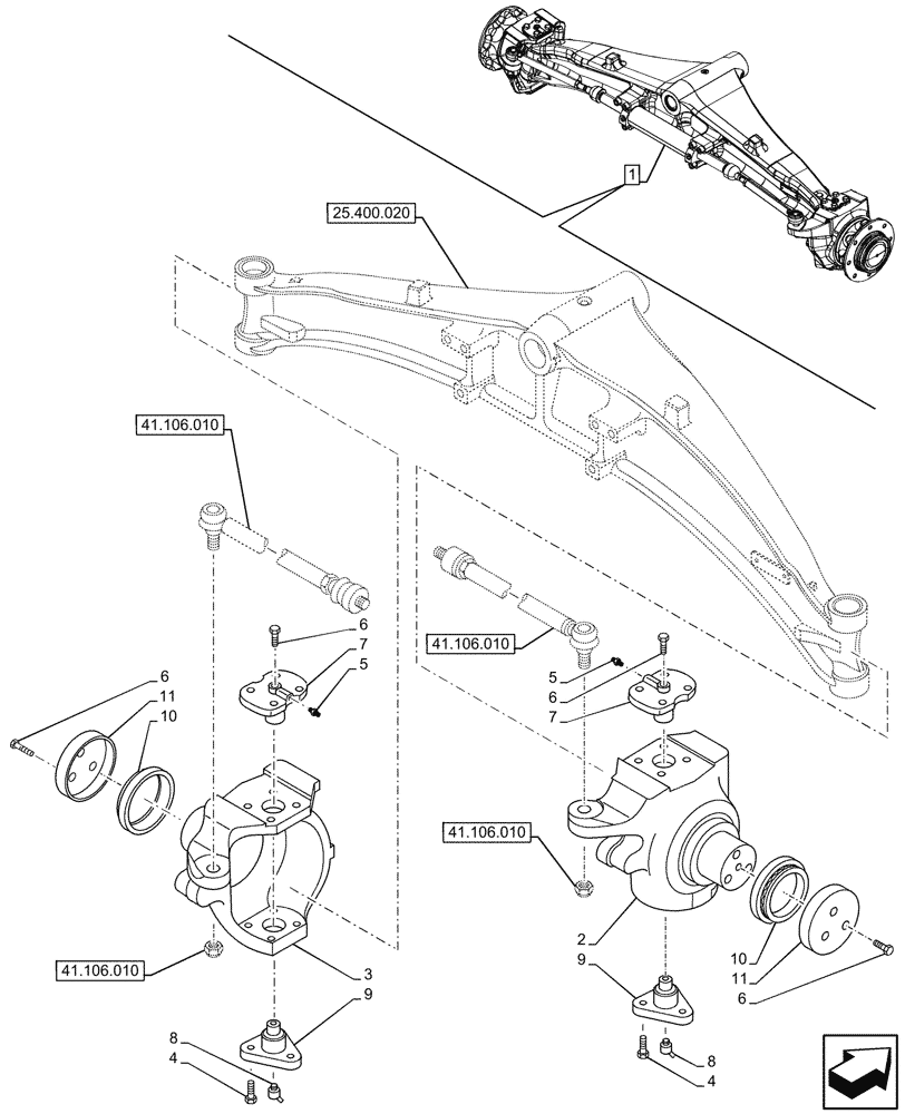 Схема запчастей Case 580SN - (25.400.030) - FRONT AXLE, STEERING KNUCKLE, 2WD (25) - FRONT AXLE SYSTEM