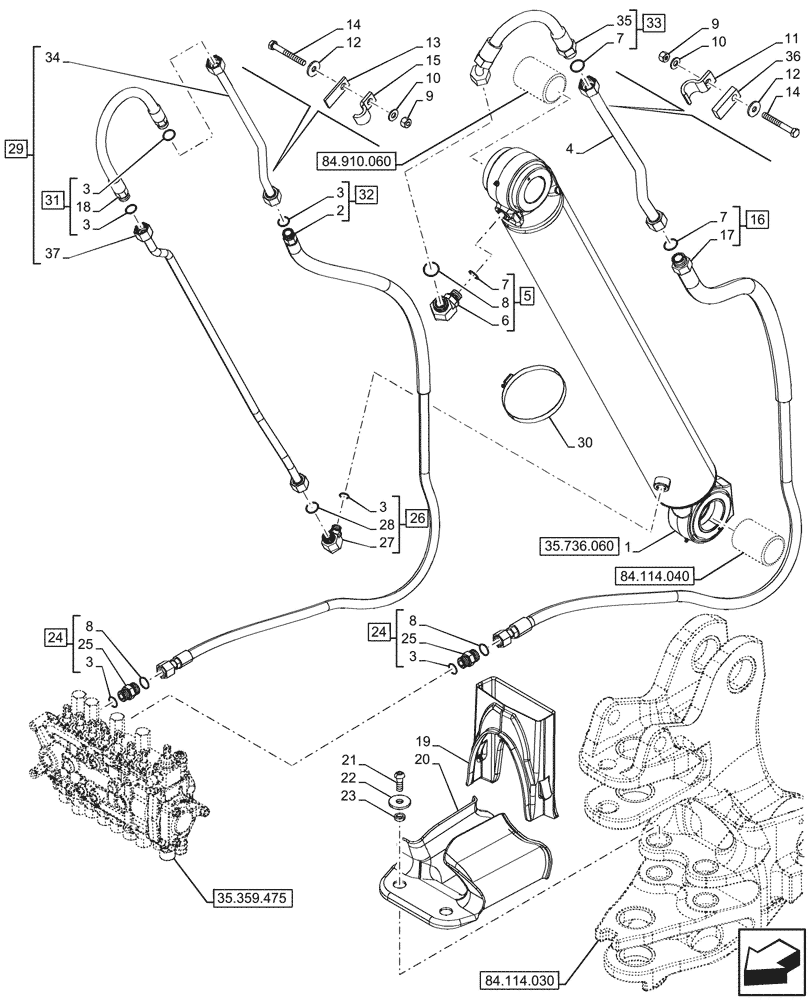 Схема запчастей Case 590SN - (35.736.050) - BACKHOE BOOM CYL. SECTION, CYLINDER, LINE (35) - HYDRAULIC SYSTEMS