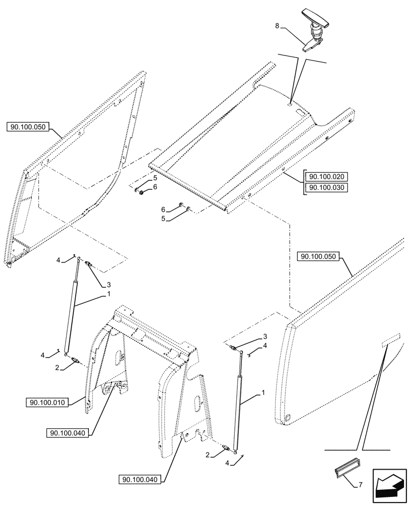 Схема запчастей Case 590SN - (90.102.010) - ENGINE HOOD, GAS STRUT (90) - PLATFORM, CAB, BODYWORK AND DECALS