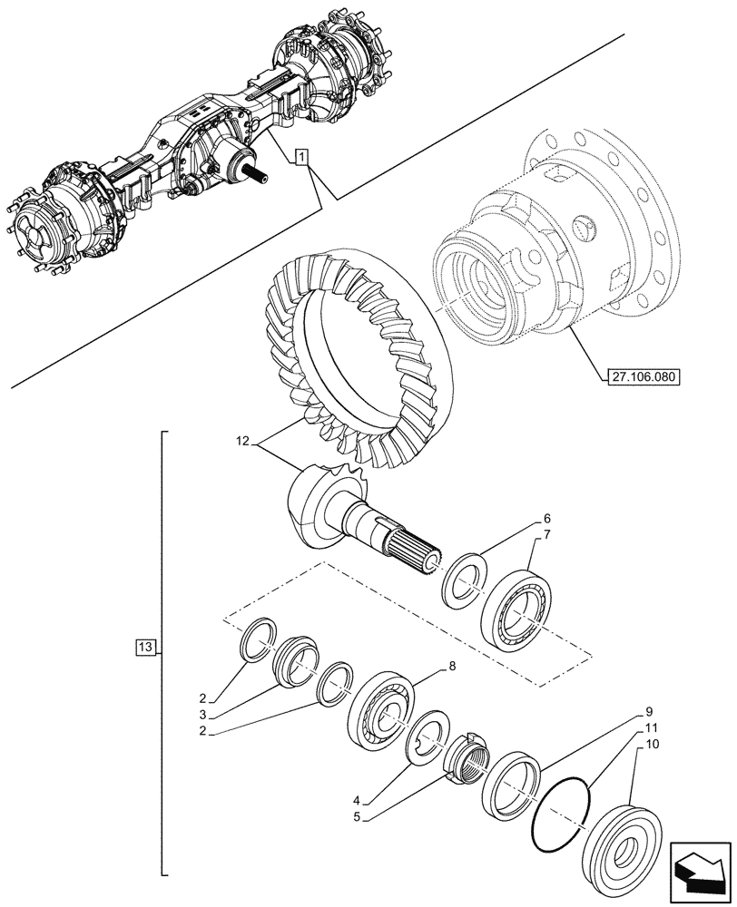 Схема запчастей Case 590SN - (27.106.070) - REAR AXLE, BEVEL GEAR (27) - REAR AXLE SYSTEM