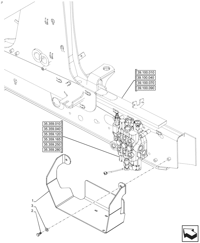 Схема запчастей Case 590SN - (35.359.430) - LOADER VALVE, SHIELD, ASSY (35) - HYDRAULIC SYSTEMS