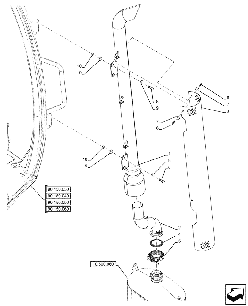 Схема запчастей Case 590SN - (10.254.030) - EXHAUST SYSTEM, EXHAUST PIPE, HIGH POSITION (10) - ENGINE