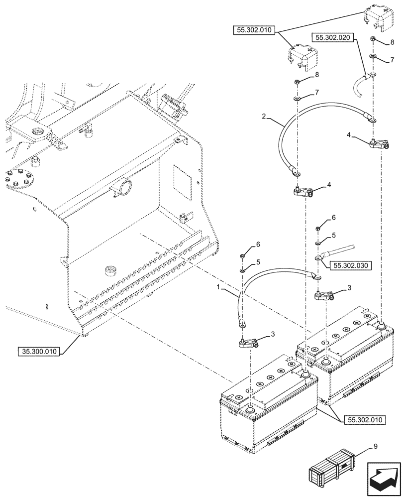 Схема запчастей Case 590SN - (55.302.100) - VAR - 423093 - DUAL BATTERY, CABLE, JUMPER (55) - ELECTRICAL SYSTEMS