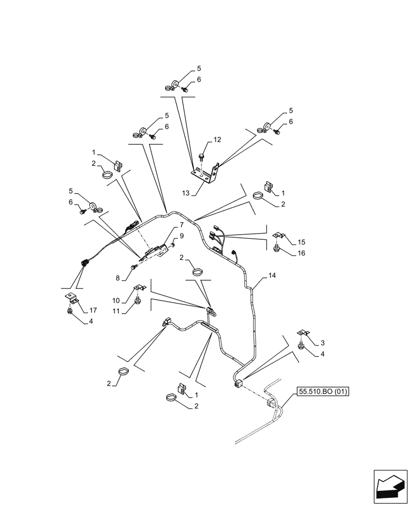 Схема запчастей Case CX300D LC - (55.510.BO[08]) - SELECTIVE CATALYTIC REDUCTION, MUFFLER, WIRE HARNESS - BSN NGS7N1135 (55) - ELECTRICAL SYSTEMS