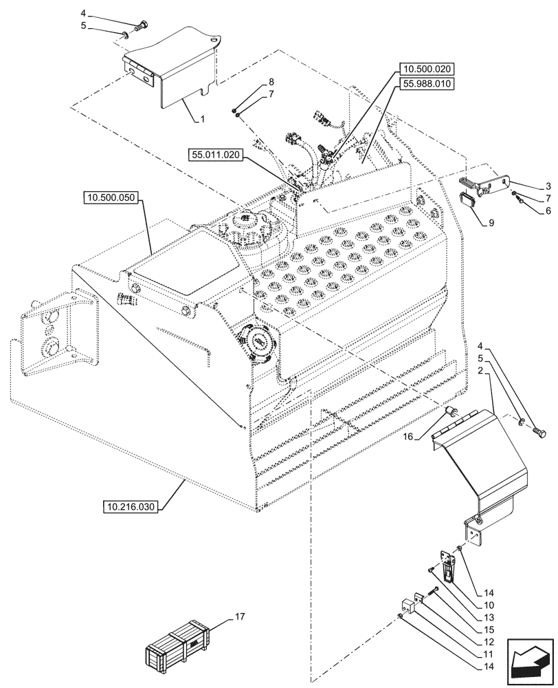 Схема запчастей Case 580SN - (10.500.070) - VAR - 745167 - DEF TANK, COVERS (10) - ENGINE