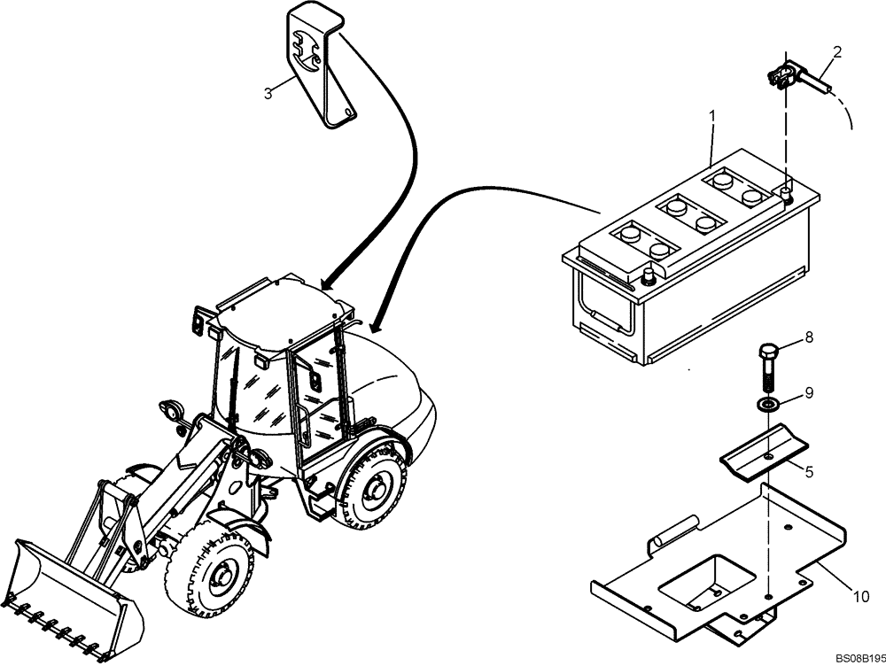 Схема запчастей Case 121E - (32.177[6559929000]) - BATTERY INSTALLATION WITH MAIN SWITCH (55) - ELECTRICAL SYSTEMS