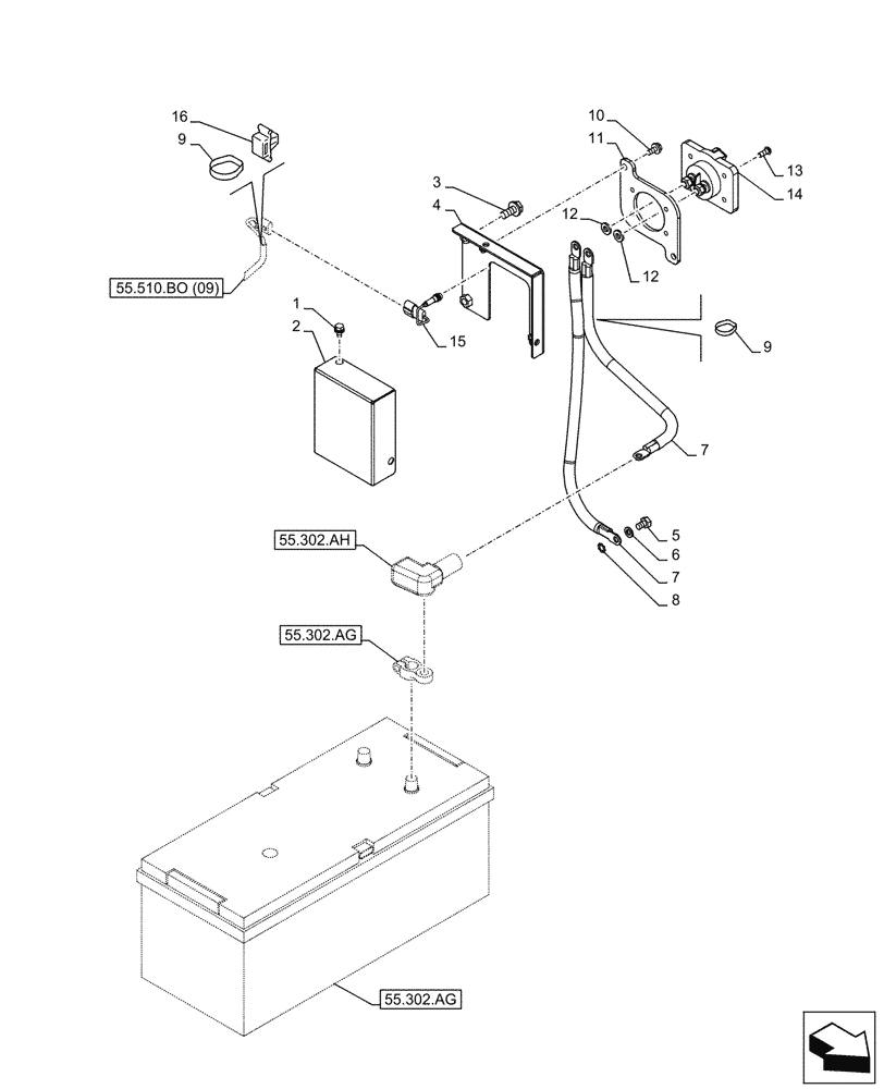 Схема запчастей Case CX300D LC - (55.302.AI[02]) - BATTERY ISOLATOR, SWITCH - ASN NGS7N1136 (55) - ELECTRICAL SYSTEMS