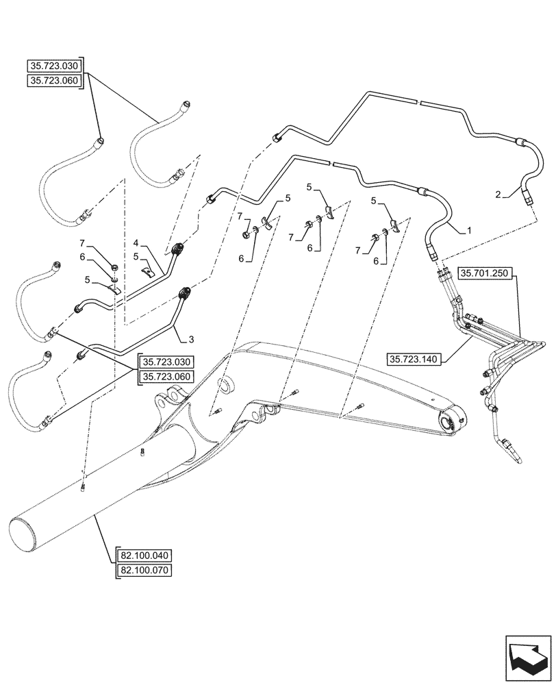 Схема запчастей Case 590SN - (35.723.130) - LOADER ARM, CYLINDER, LINES (35) - HYDRAULIC SYSTEMS