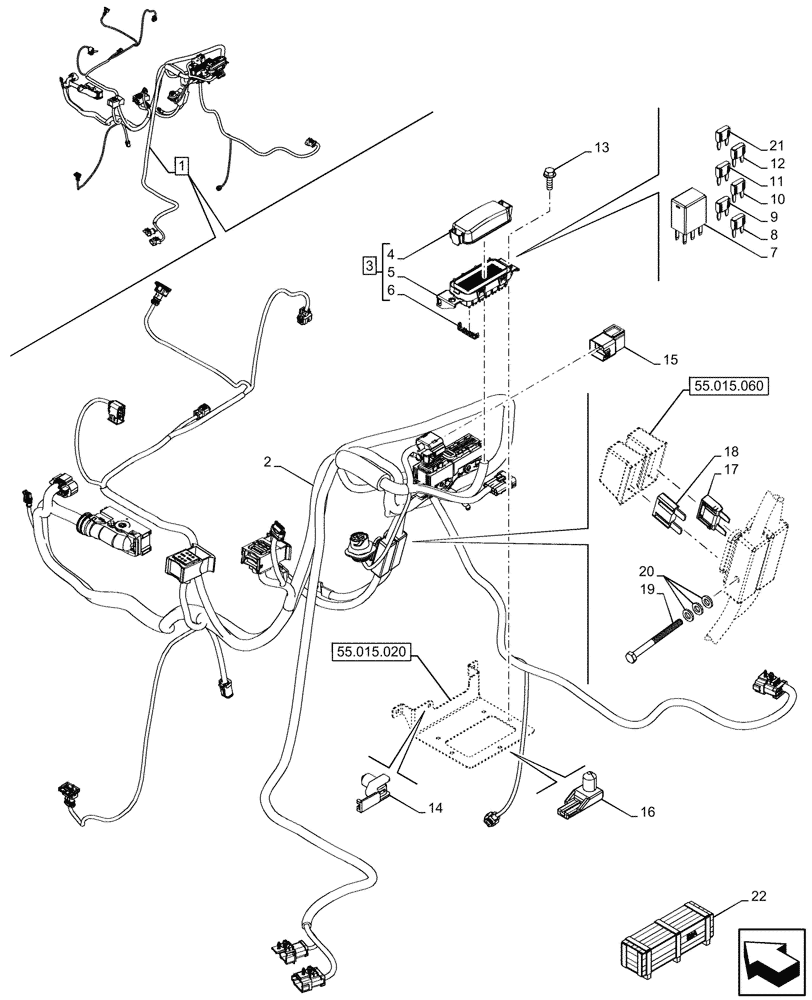 Схема запчастей Case 590SN - (55.100.040) - ENGINE, HARNESS, FUSE BOX, RELAY (55) - ELECTRICAL SYSTEMS