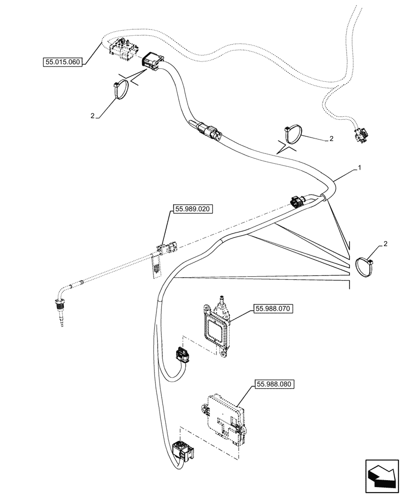 Схема запчастей Case 580SN WT - (55.015.080) - ENGINE, WIRE HARNESS, RH (55) - ELECTRICAL SYSTEMS