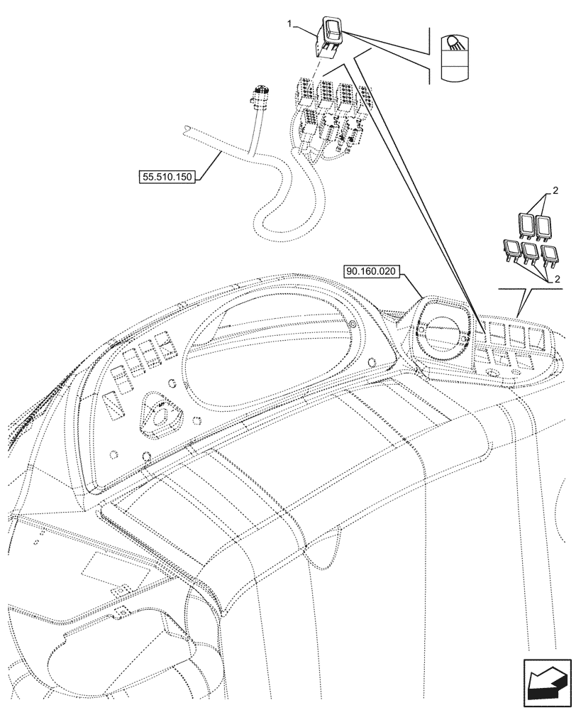 Схема запчастей Case 580N - (55.405.020) - WORK LIGHT, REAR, SWITCH (55) - ELECTRICAL SYSTEMS