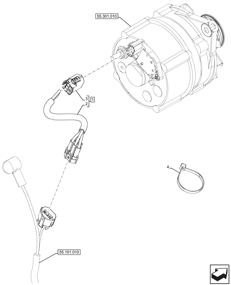 Схема запчастей Case 590SN - (55.301.020) - ALTERNATOR, WIRE HARNESS, JUMPER (55) - ELECTRICAL SYSTEMS