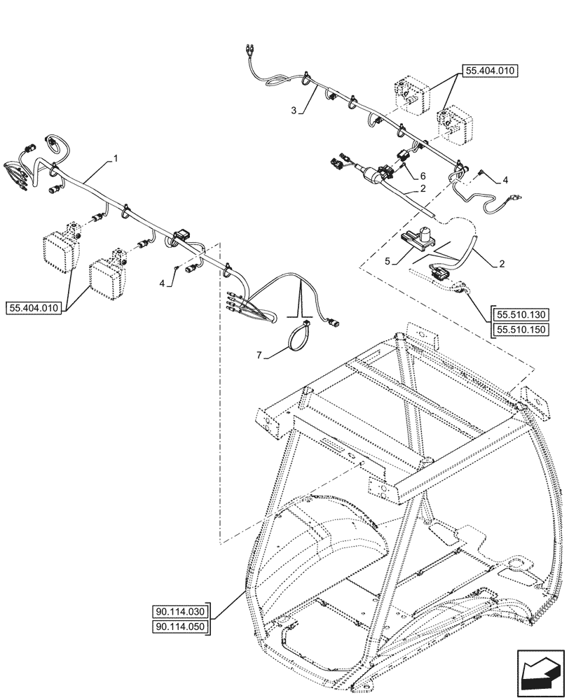 Схема запчастей Case 580N - (55.511.020) - VAR - 442085 - CANOPY, WORK LIGHT, HARNESS (55) - ELECTRICAL SYSTEMS