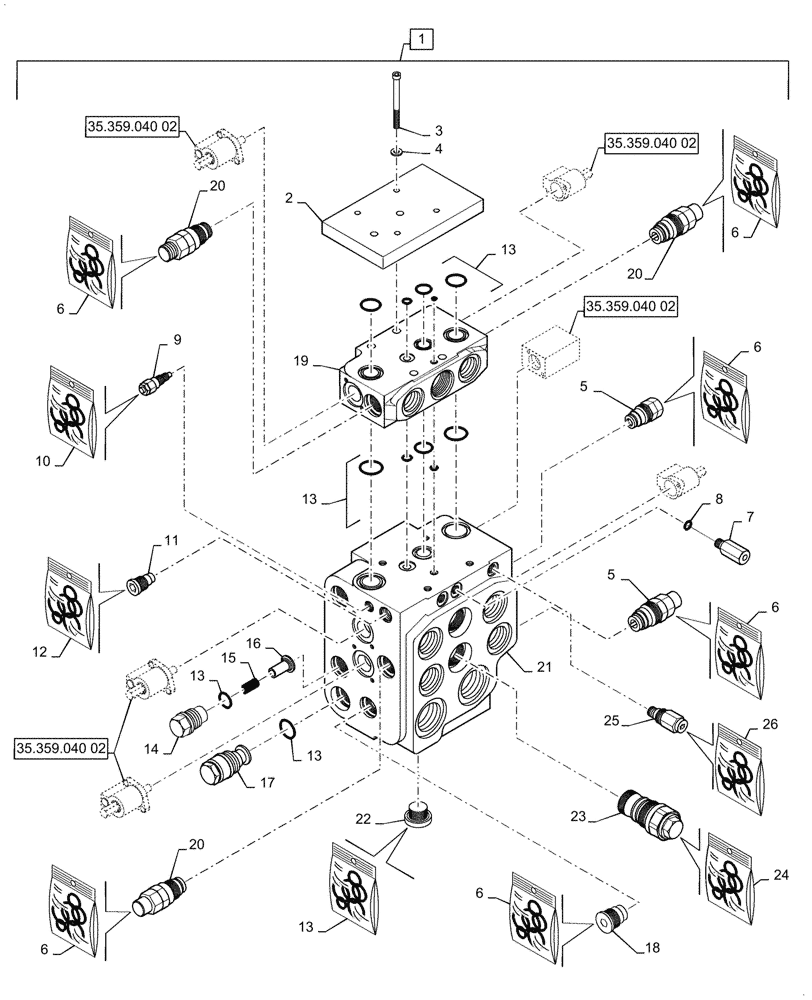 Схема запчастей Case 821G - (35.359.020[01]) - VAR - 734053, 734054 - CONTROL VALVE ASSY - 3 SPOOL, Z-BAR / XR / LR (35) - HYDRAULIC SYSTEMS