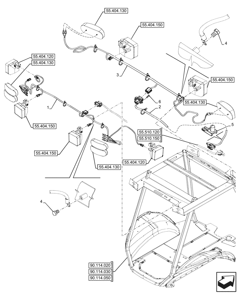 Схема запчастей Case 580N EP - (55.511.010) - CANOPY, WORK LIGHT, HARNESS (55) - ELECTRICAL SYSTEMS