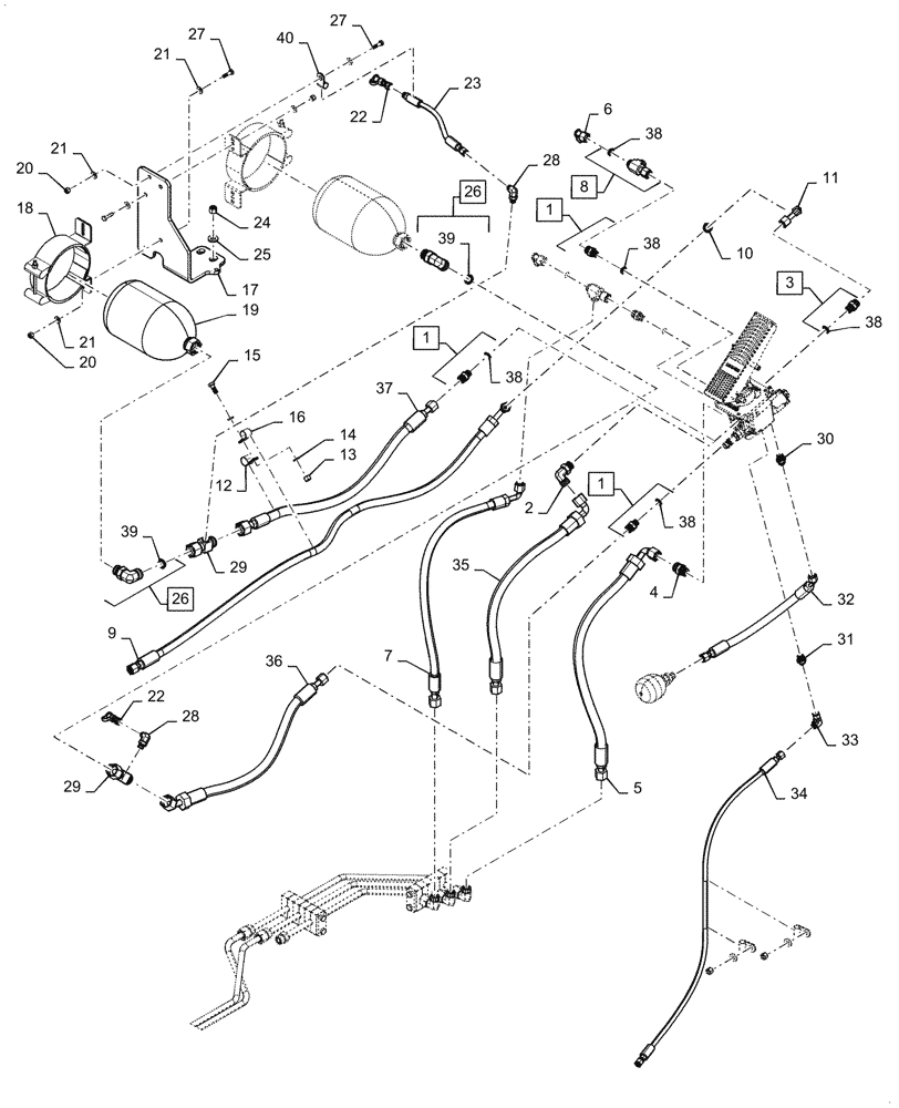 Схема запчастей Case 721G - (33.202.010[03]) - MAIN HYDRAULIC BRAKE, ACCUMULATOR & LINES (33) - BRAKES & CONTROLS