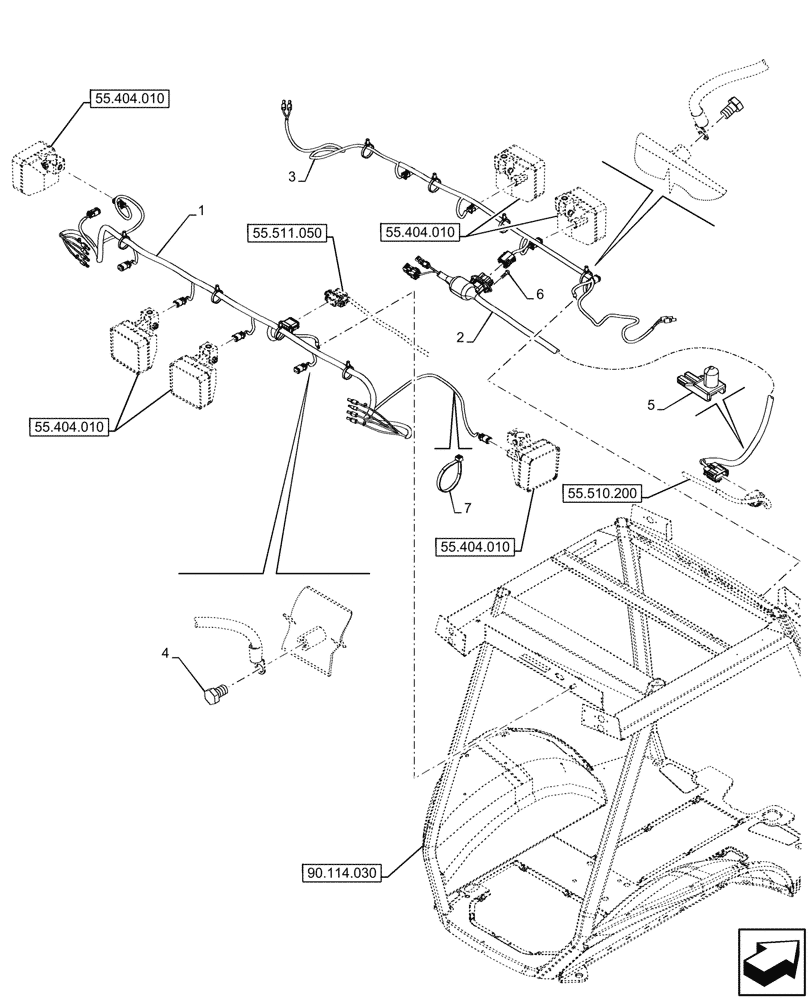 Схема запчастей Case 580N EP - (55.511.020) - VAR - 442085 - CANOPY, WORK LIGHT, HARNESS (55) - ELECTRICAL SYSTEMS