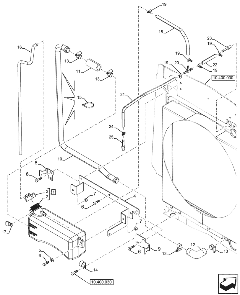 Схема запчастей Case 590SN - (10.400.040) - VAR - 423000, 423001, 442082, 747854 - RADIATOR, EXPANSION TANK (10) - ENGINE