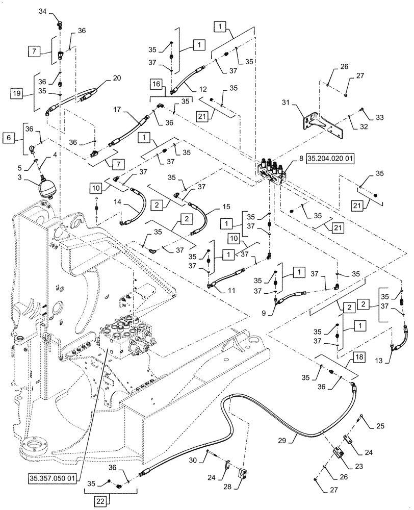 Схема запчастей Case 921G - (35.480.020[01]) - VAR - 734053, 734054 - CONTROL VALVE LINE - 3 SPOOL, EH (35) - HYDRAULIC SYSTEMS