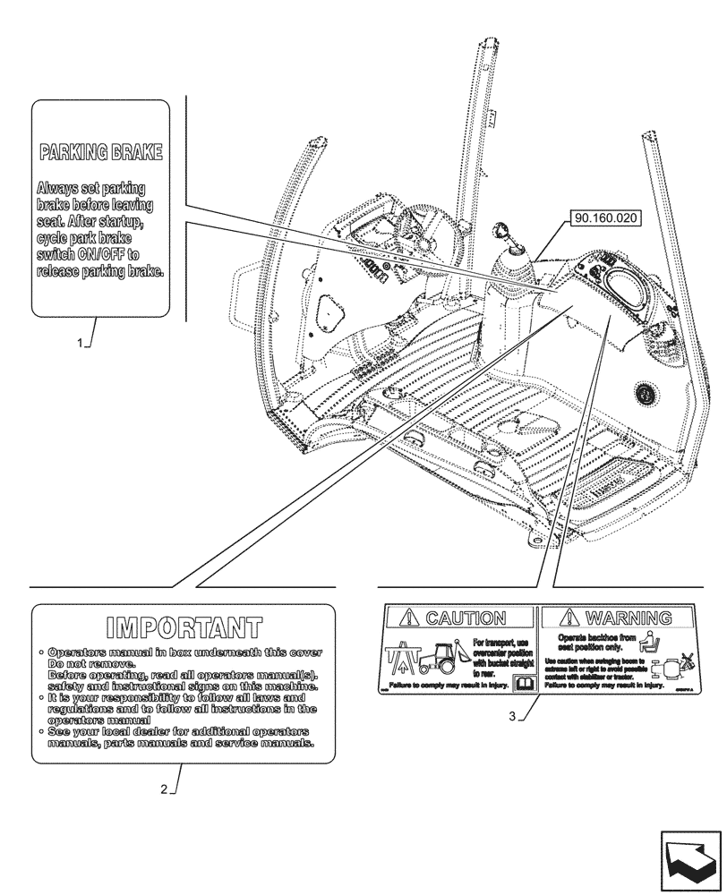 Схема запчастей Case 590SN - (90.108.075) - WARNING DECAL (90) - PLATFORM, CAB, BODYWORK AND DECALS