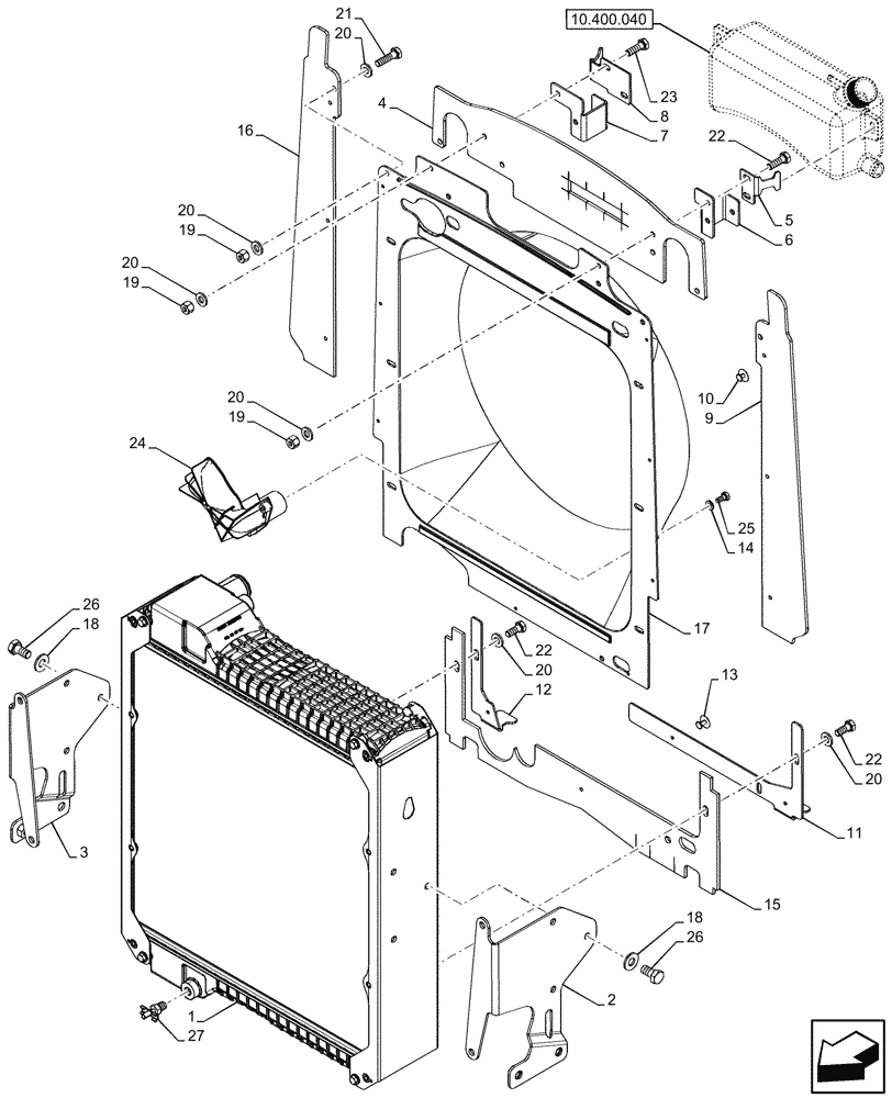 Схема запчастей Case 590SN - (10.400.030) - VAR - 423000, 442082, 747853, 747854, 747855 - RADIATOR, SUPPORT, SHROUD (10) - ENGINE