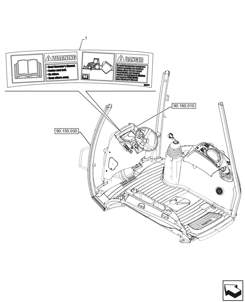 Схема запчастей Case 590SN - (90.108.150) - WARNING DECAL, CAB (90) - PLATFORM, CAB, BODYWORK AND DECALS