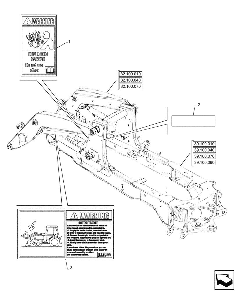 Схема запчастей Case 590SN - (90.108.145) - VAR - 747882, 747883 - WARNING DECAL, FRONT LOADER (90) - PLATFORM, CAB, BODYWORK AND DECALS