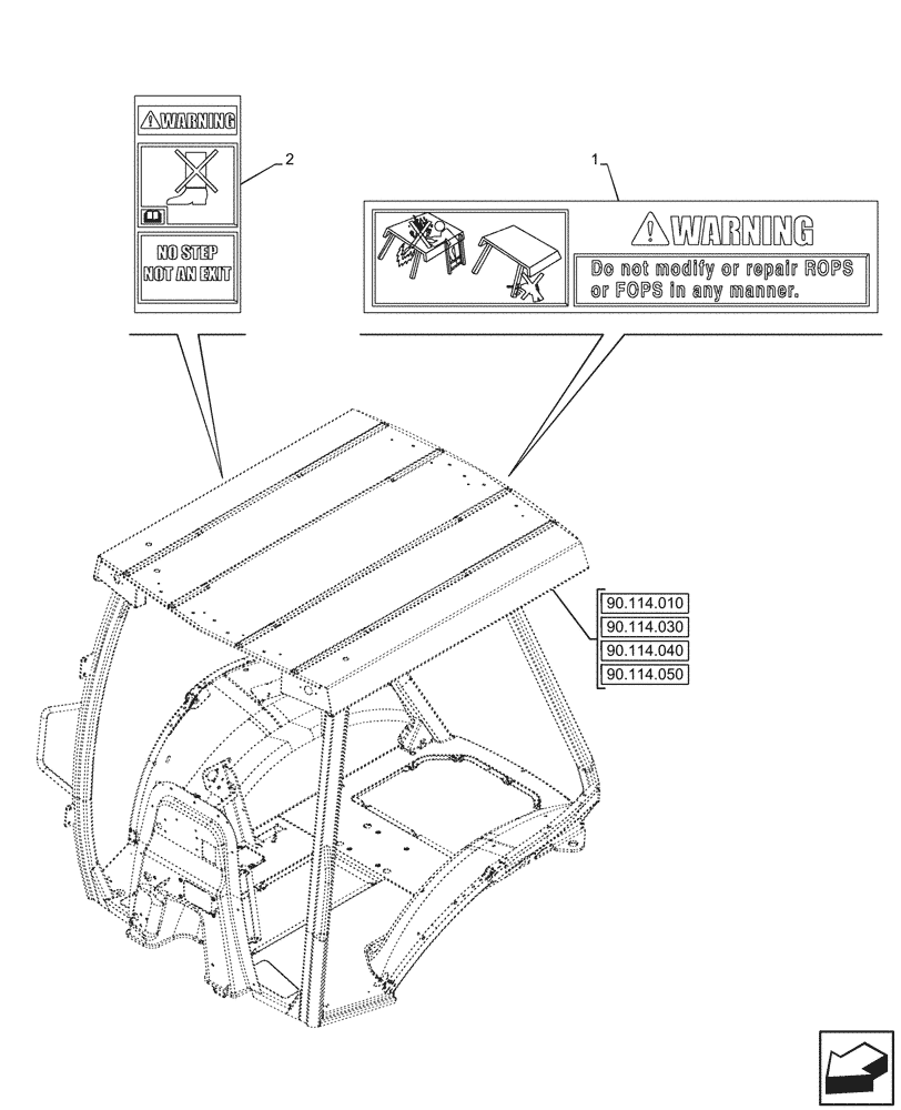 Схема запчастей Case 580SN - (90.108.190) - VAR - 423000, 442082 - 747882 , 747883 - CANOPY, WARNING DECAL (90) - PLATFORM, CAB, BODYWORK AND DECALS