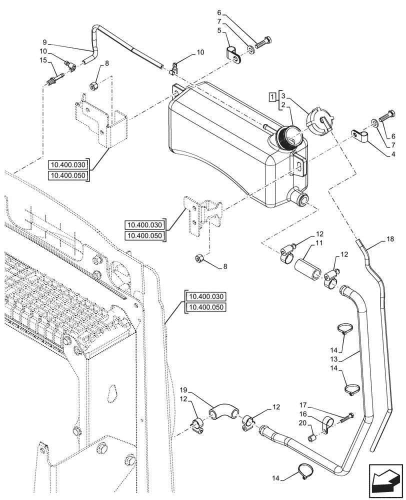 Схема запчастей Case 590SN - (10.400.040) - VAR - 423000, 442082, 747853, 747854, 747855 - RADIATOR, EXPANSION TANK, HOSE (10) - ENGINE