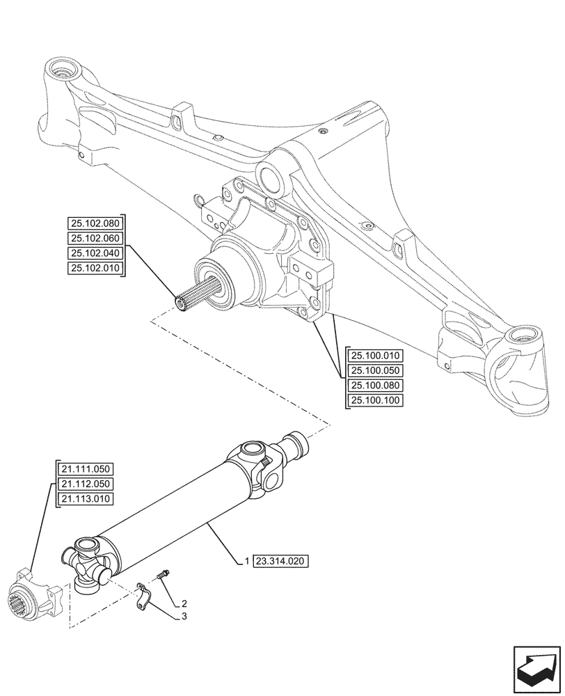 Схема запчастей Case 590SN - (23.314.010) - FRONT AXLE, HALF SHAFT, 4WD (23) - FOUR WHEEL DRIVE SYSTEM