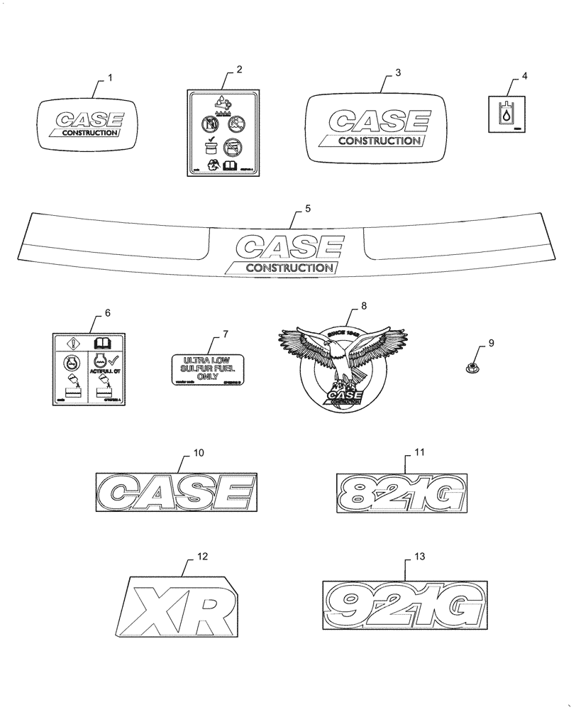 Схема запчастей Case 921G - (90.108.010[02]) - DECALS COMMON TO MODEL (90) - PLATFORM, CAB, BODYWORK AND DECALS