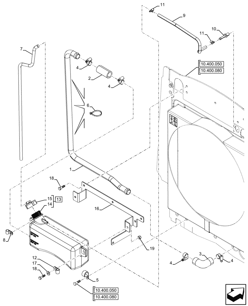 Схема запчастей Case 580N - (10.400.060) - VAR - 423000, 423001, 442082, 747853, 747854, 747855 - RADIATOR, EXPANSION TANK, HOSE (10) - ENGINE