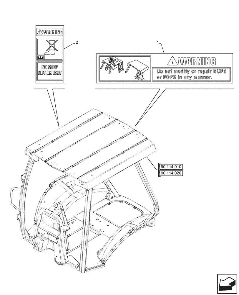 Схема запчастей Case 580SN - (90.108.015) - VAR - 423000, 442082 - 747882 , 747883 - CANOPY, WARNING DECAL (90) - PLATFORM, CAB, BODYWORK AND DECALS