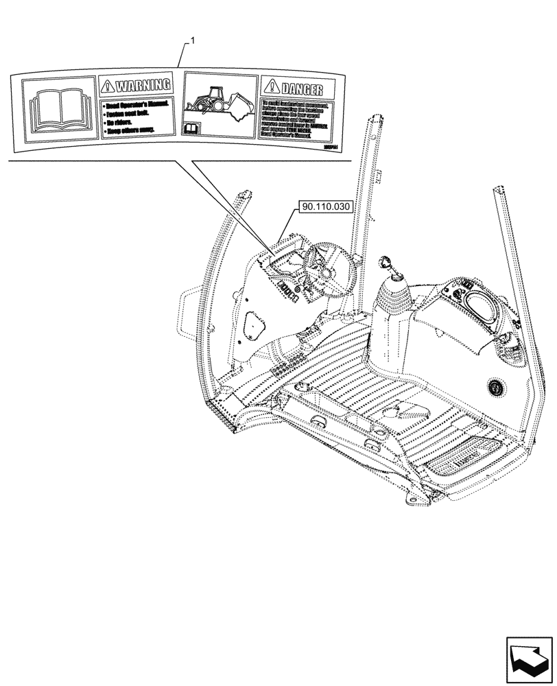 Схема запчастей Case 590SN - (90.108.185) - VAR - 747882, 747883 - WARNING DECAL, CAB (90) - PLATFORM, CAB, BODYWORK AND DECALS