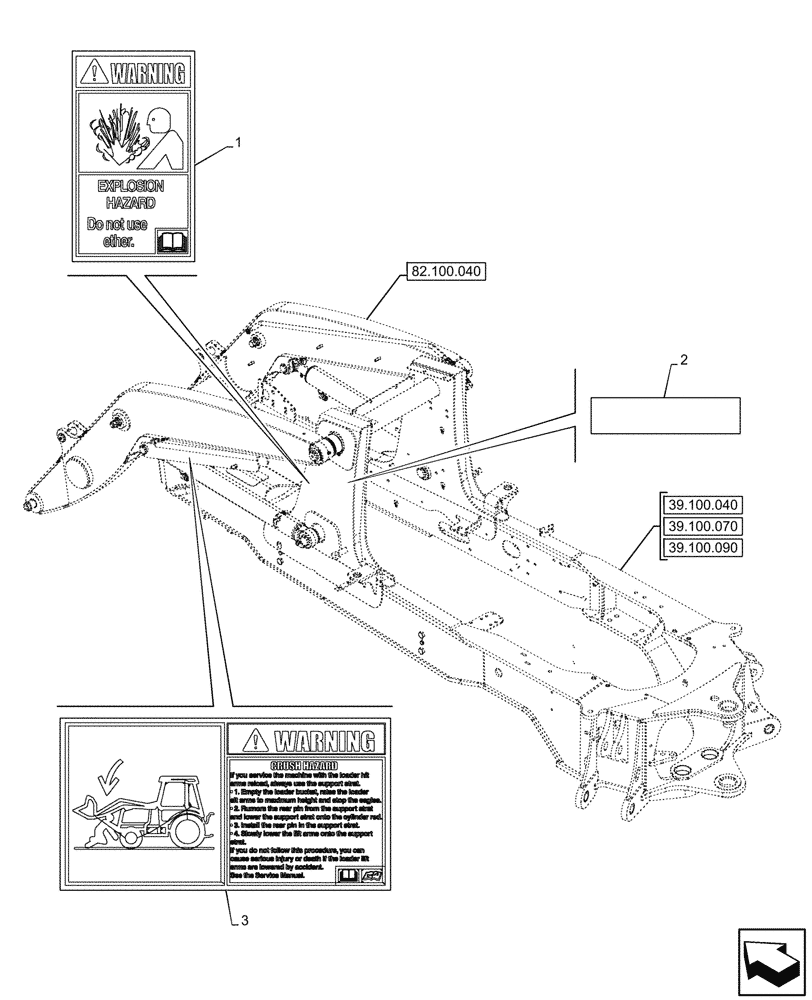 Схема запчастей Case 580SN WT - (90.108.015) - VAR - 423056, 747882, 747883 - WARNING DECAL, FRONT LOADER (90) - PLATFORM, CAB, BODYWORK AND DECALS