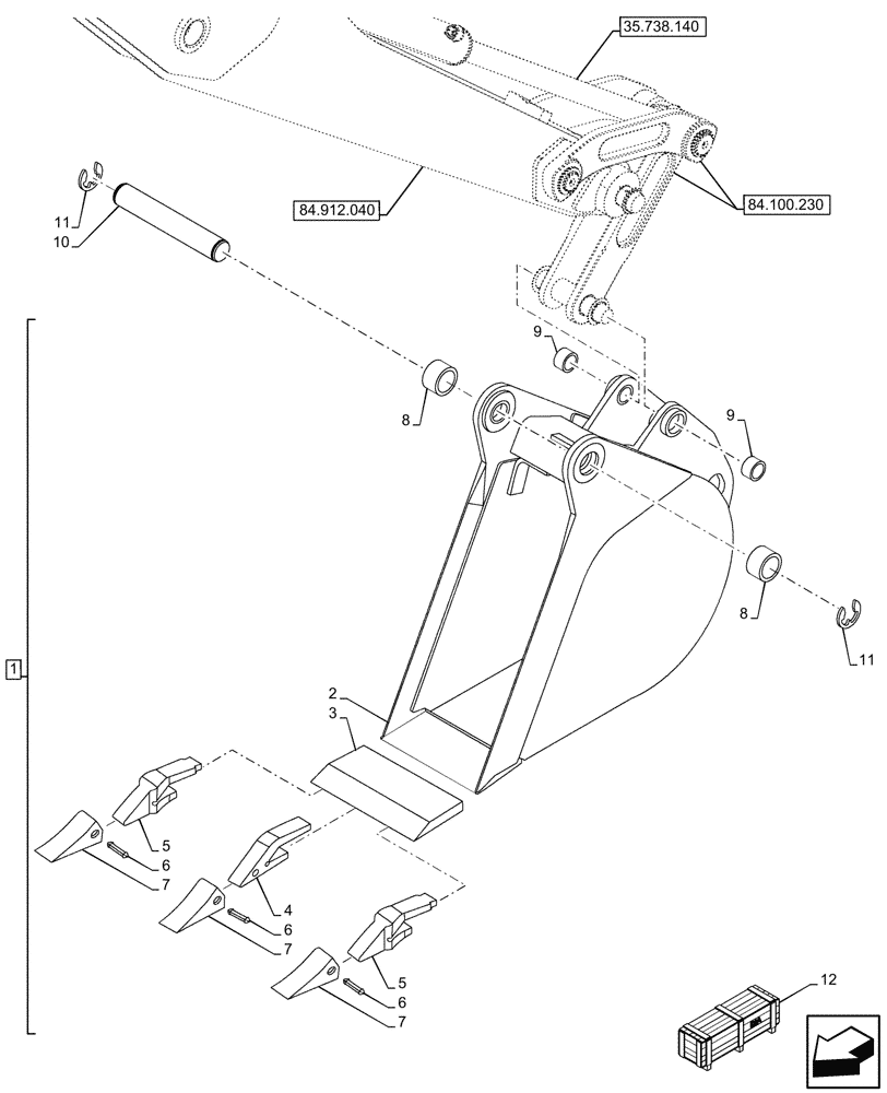 Схема запчастей Case 580SN - (84.100.020) - VAR - 423066 - BUCKET, UNIVERSAL 12INCH/305MM (84) - BOOMS, DIPPERS & BUCKETS